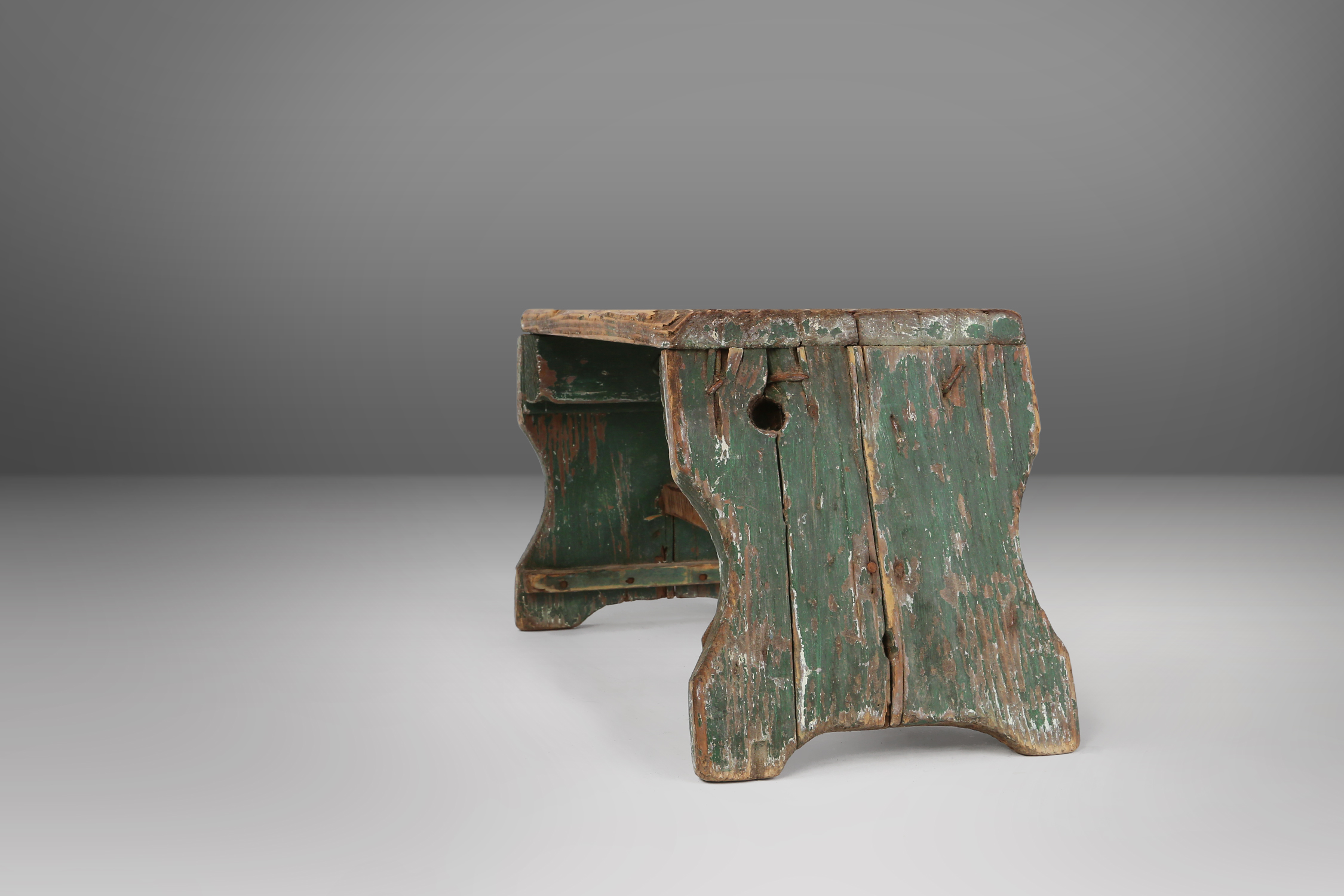 Industrial green wooden stool with nice patina, France 1900thumbnail